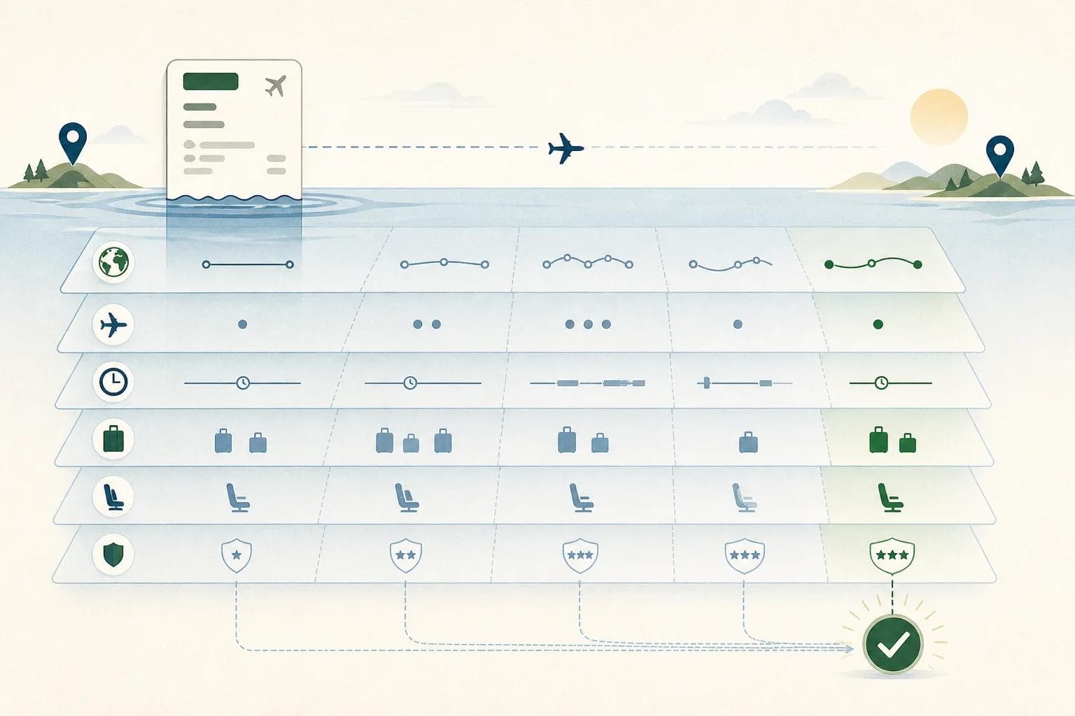 Illustration showing a visible fare at the surface and deeper journey factors beneath it