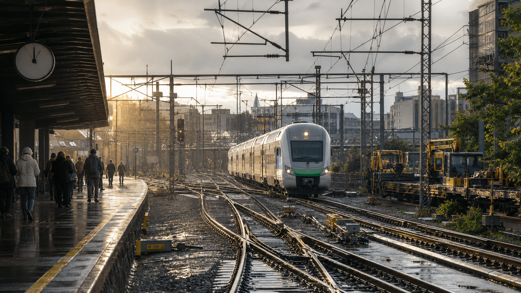 Editorial illustration of a passenger train moving through wet junction tracks after railway maintenance