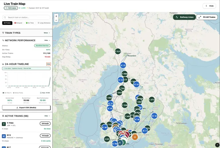 Kartta, joka näyttää junien ajantasaiset ja arvioidut sijainnit Suomessa